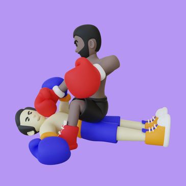 3D illustration of two boxers in action on a purple background.