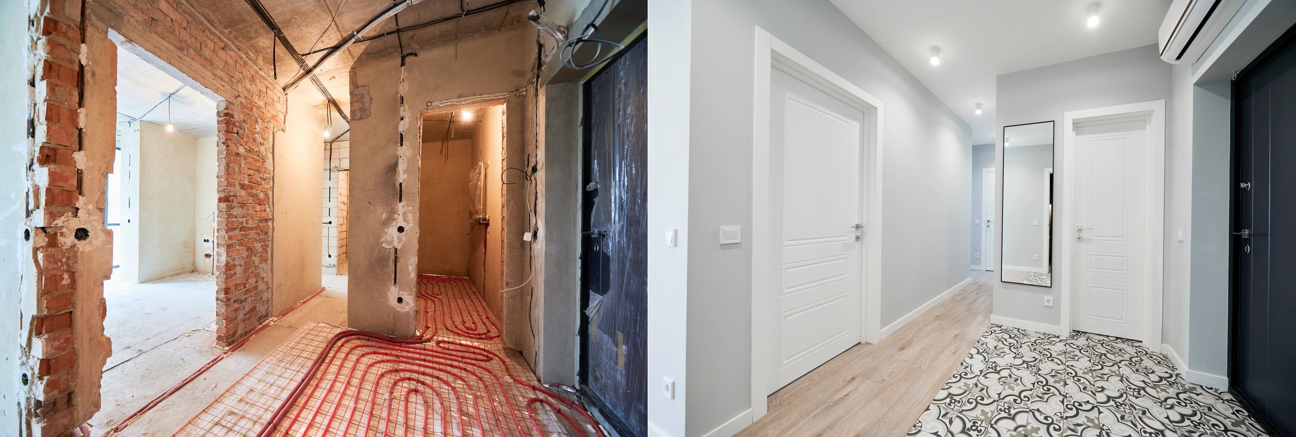 Before and after renovation of a hallway with underfloor heating installed.