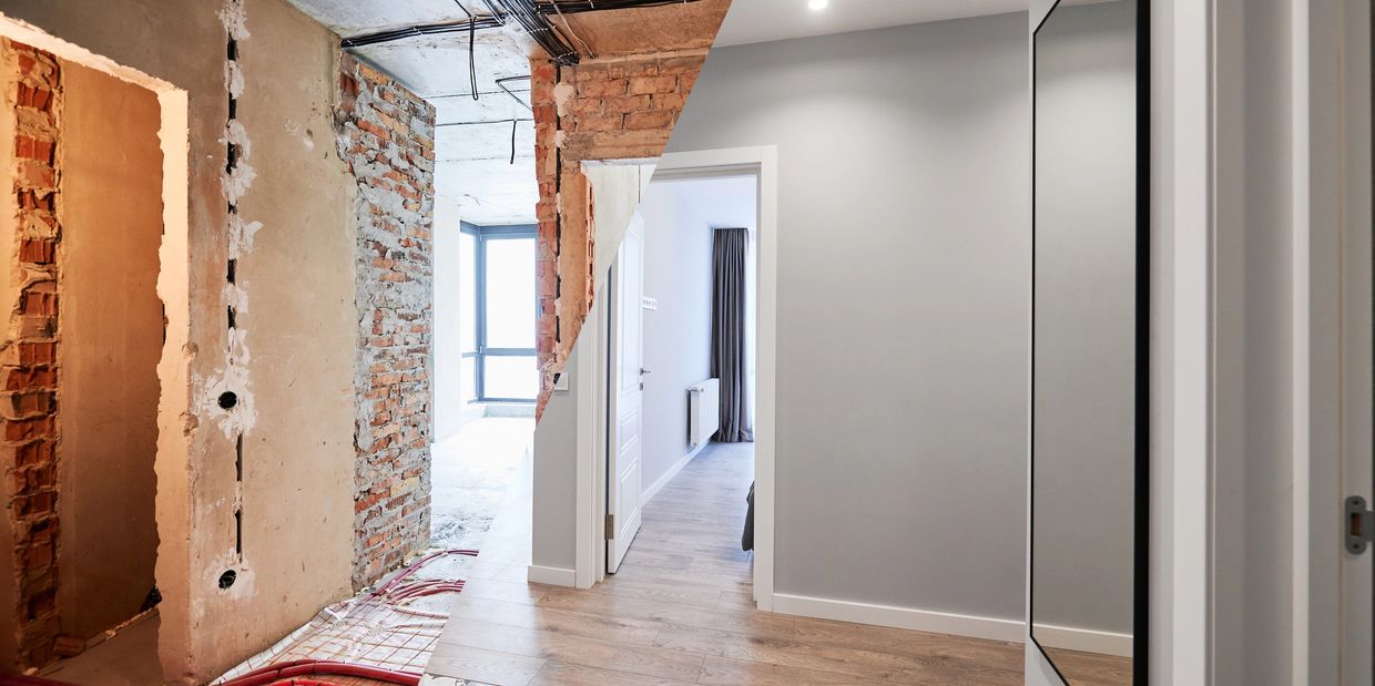 A split image showing a hallway before and after renovation