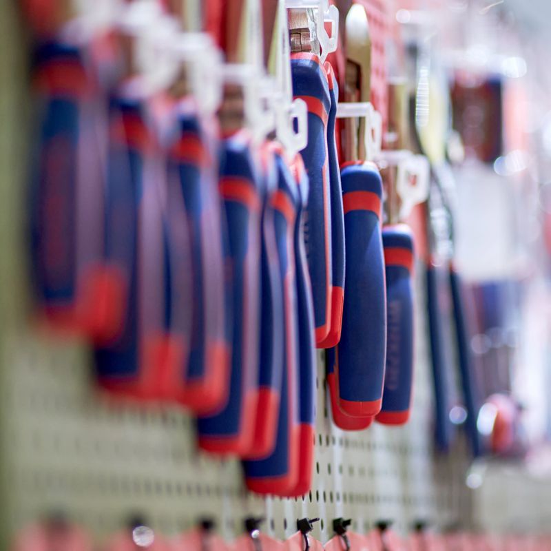 A set of hand tools on the store shelf, professional equipment close-up