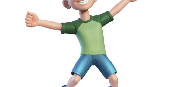 Happy cartoon boy jumping joyfully.