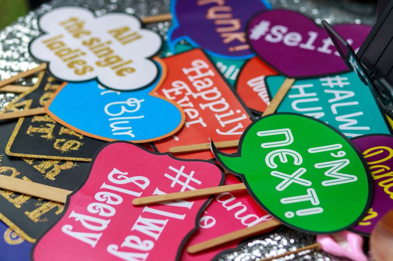 Set of photo booth accessories for wedding and birthday parties. Selective focus image.