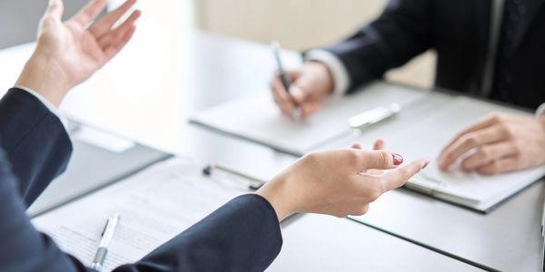 Two professionals engaged in a business discussion with documents on the table.