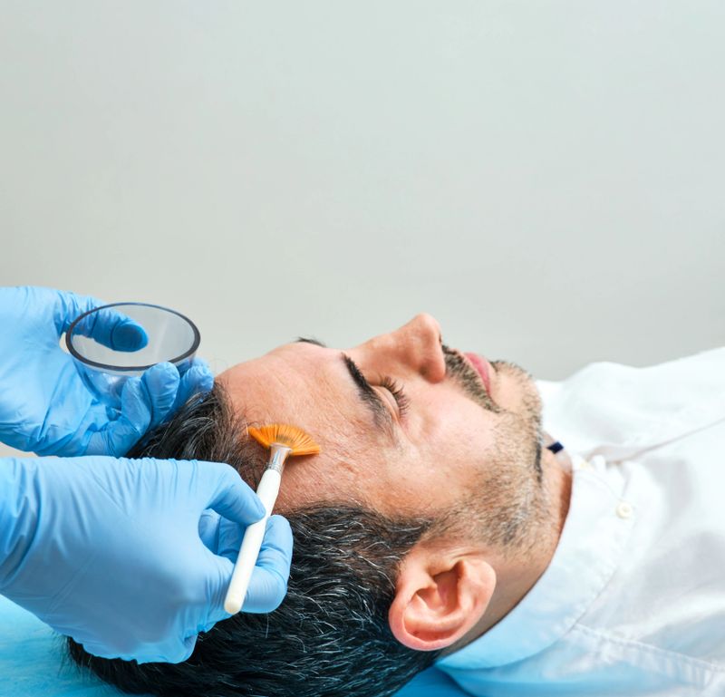 dark-haired man lying on a stretcher in an aesthetic clinic doing a chemical peel on his face