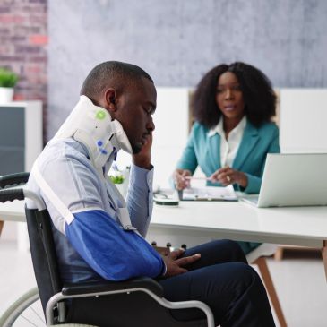 Man with neck brace in wheelchair consulting doctor.