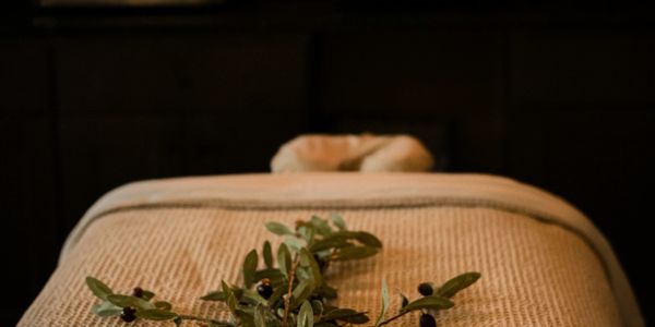 Cozy spa bed adorned with olive branches in a warm, inviting room.