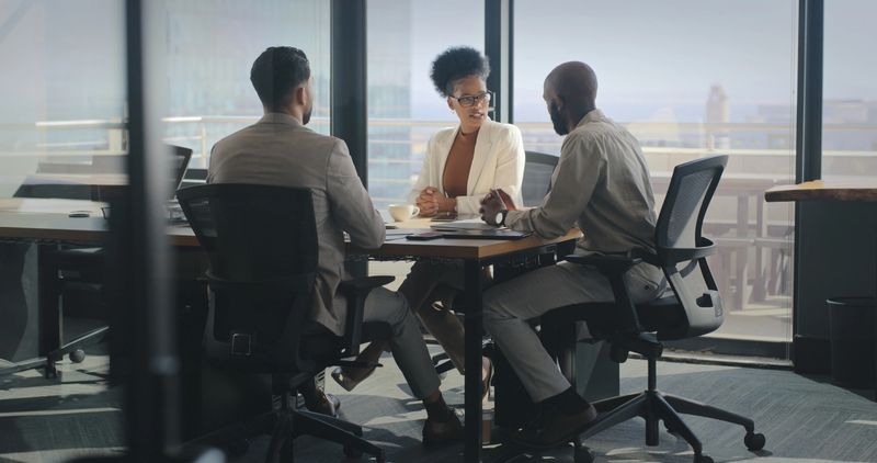Boardroom conversation, negotiation proposal and business people discussion for investment deal, b2b contract or client meeting. Financial talk, communication and lawyer consulting with legal team