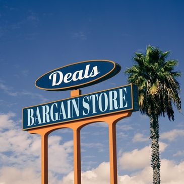 Large sign for Deals Bargain Store next to a tall palm tree.