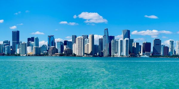 Panoramic view of the downtown Miami skyline and waterfront across Biscayne Bay, Florida.