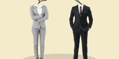 Businessman and businesswoman in suits with speech bubbles.