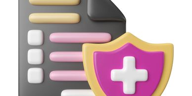 3D illustration of a document with a shield and medical cross symbol.