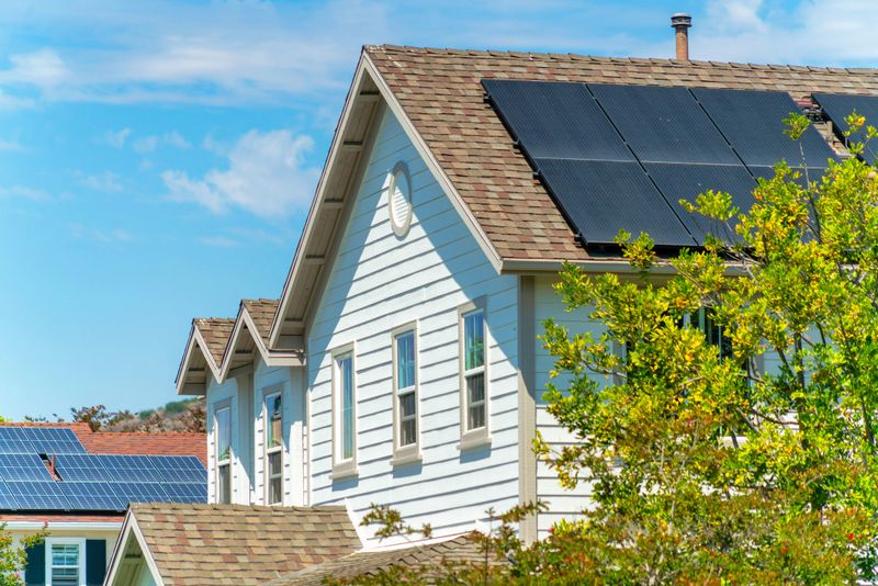 A sunny day in a rural town with solar panels on brown tile roofs under a bright blue cloudy sky