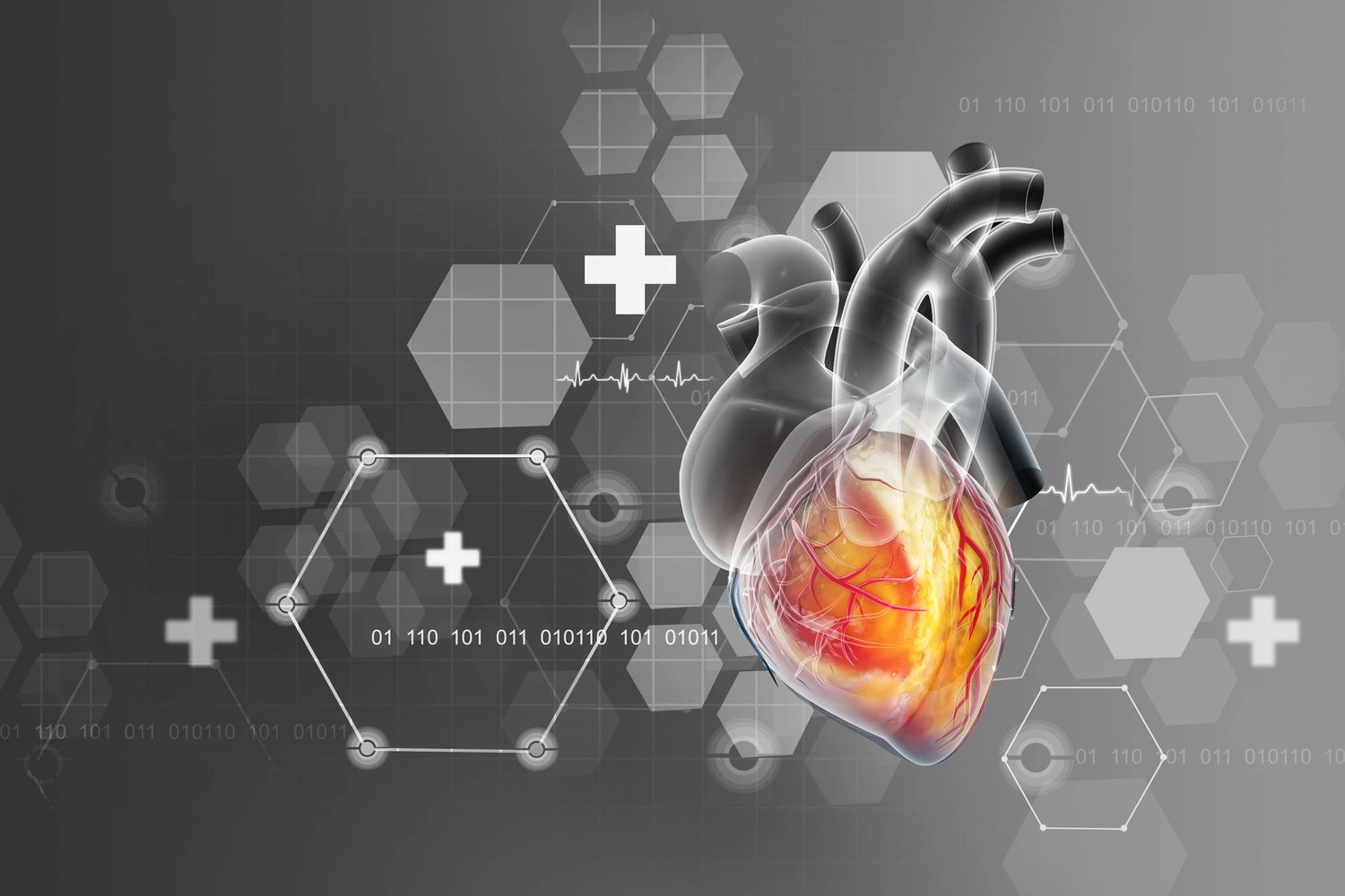 Digital illustration of a human heart with medical symbols and binary code background.