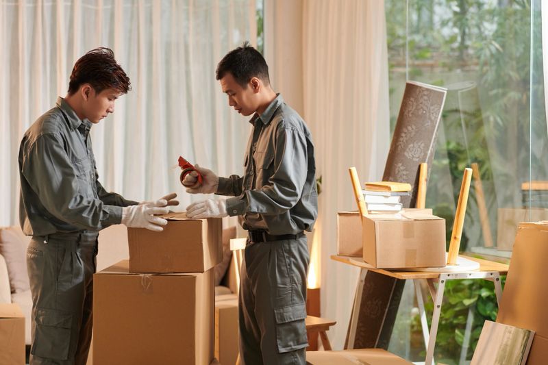 Team of movers packing personal items of client in cardboard boxes