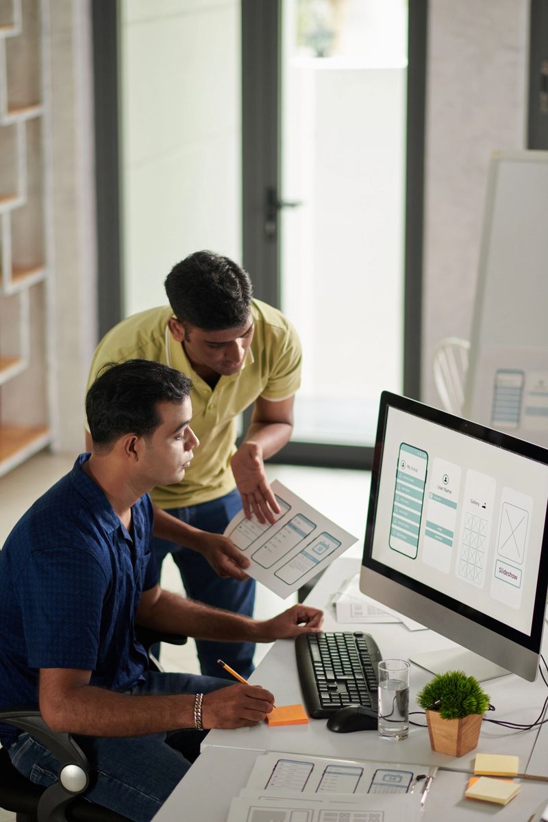 UI and UX designers discussing mobile application interface for new project