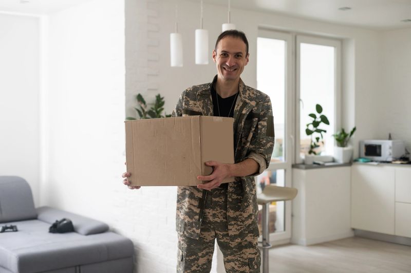 Soldier Holding Shipping Box. military man with a box.