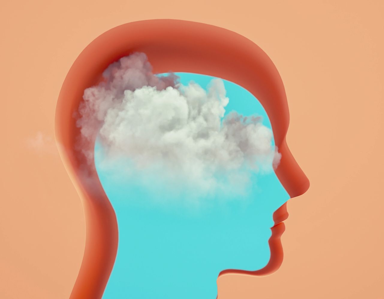 Silhouette of a head filled with clouds against a blue sky.