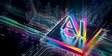 Glowing AI letters on a futuristic microchip with vibrant neon colors.