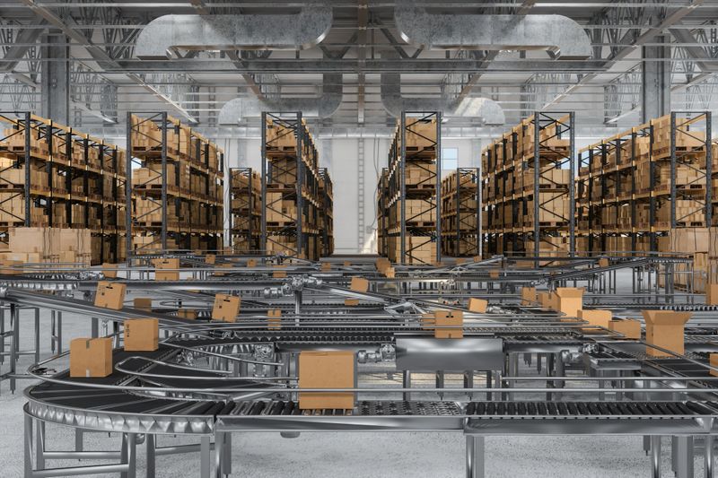 Cardboard Boxes On Conveyor Belt In The Warehouse With Blurred Background