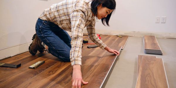 Woman installing wooden flooring.
