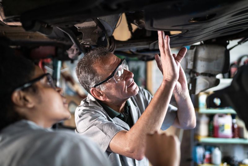 Auto mechanic man teaching his assistant on the repair shop
