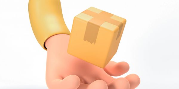3D hand holding a small cardboard package with tape.