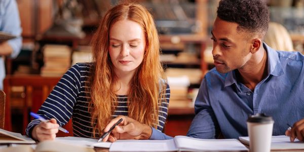 Two students studying together in a library, discussing their notes.
