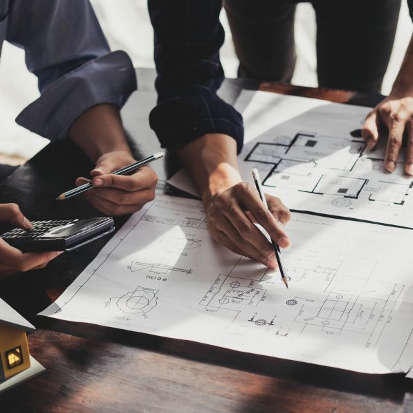 Manos trabajando en planos arquitectónicos con calculadora.