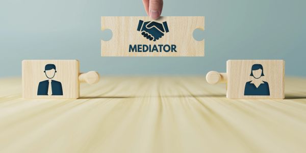 Wooden puzzle pieces symbolizing mediation between man and woman.