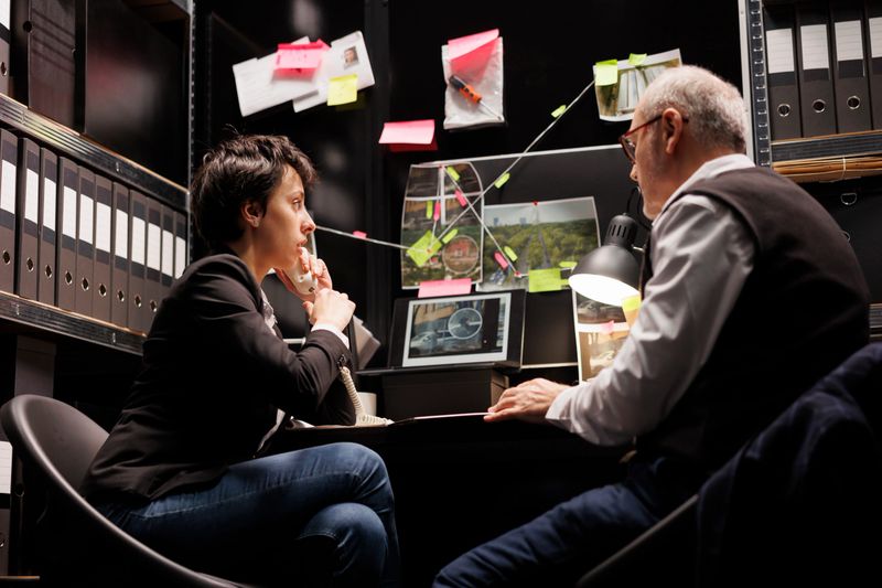 Woman investigator discussing with remote inspector at landline phone, working overtime at criminal case in arhive room. Criminology team analyzing crime scene evidence, checking federal report