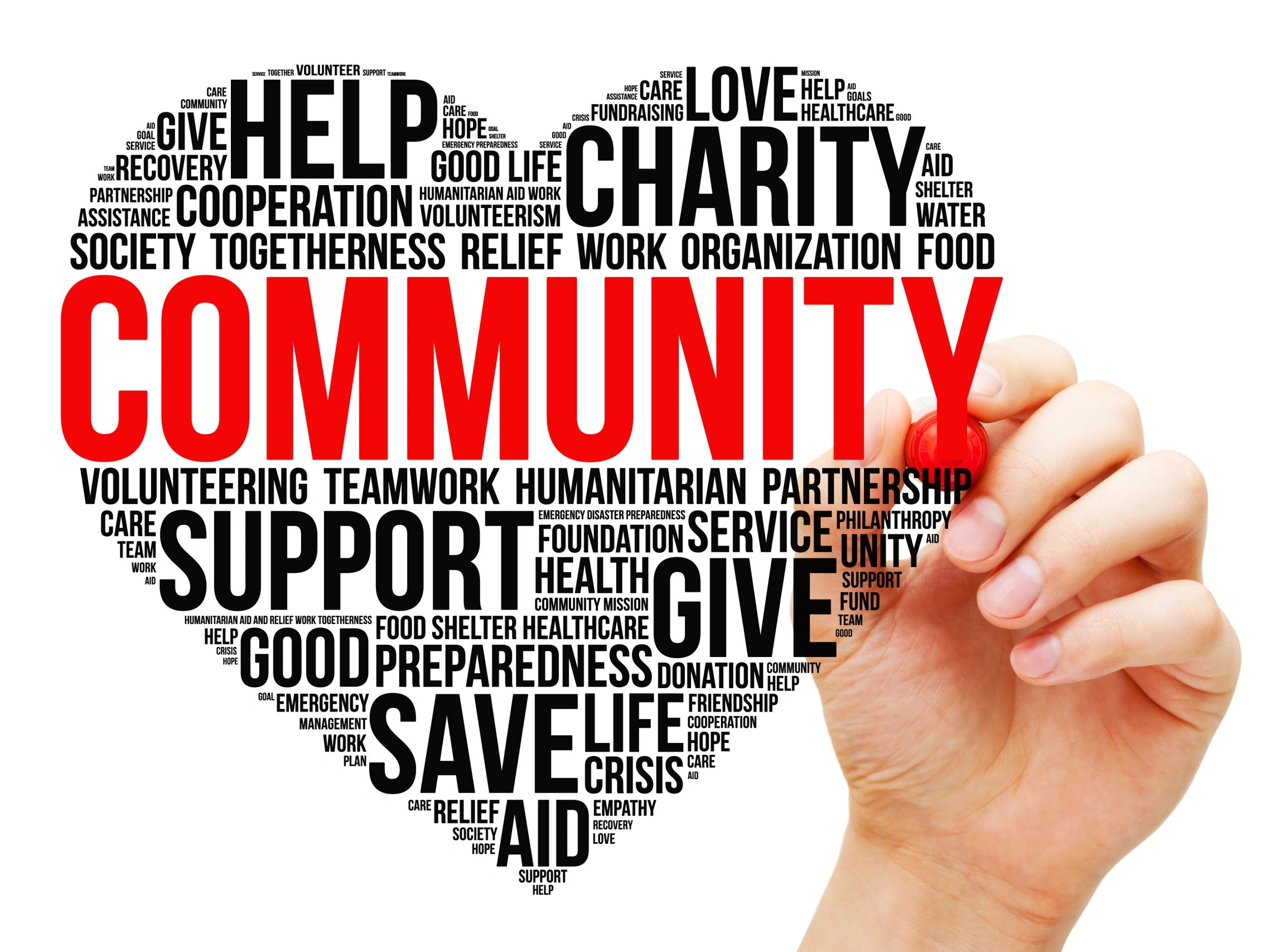 Heart-shaped word cloud emphasizing community, charity, and support.