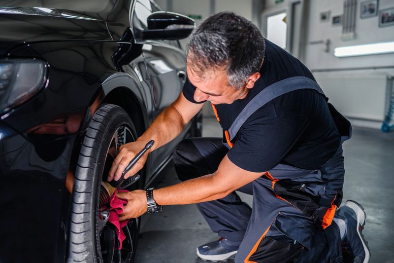 Professional car service worker polishing luxury car rim with a microfiber rag.