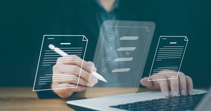 Businessman working on laptop computer with electronics document icons, E-document management, online documentation database, paperless office concept, electronic signature. DMS, digital folder access