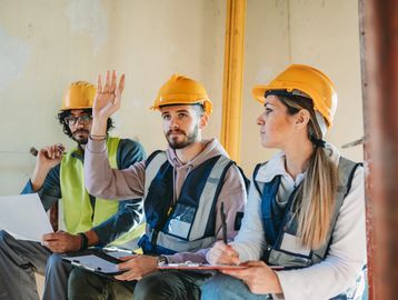 Three construction workers in safety gear discussing plans.