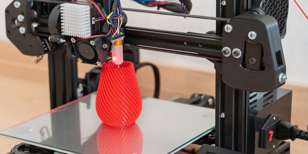 3D printer creating a red, spiral-patterned object.