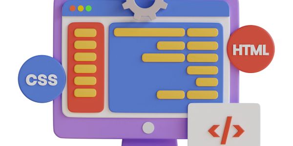 3D illustration of a computer screen with HTML and CSS icons representing web development.