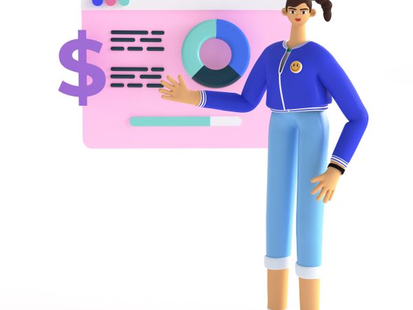 3D illustration of a woman presenting financial data with charts and a dollar sign.