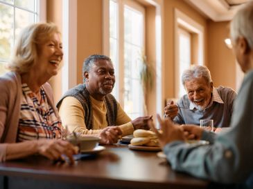 Seniors enjoying coffee and conversation around a table.