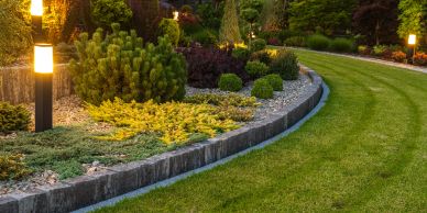 A beautifully landscaped garden with illuminated pathways.