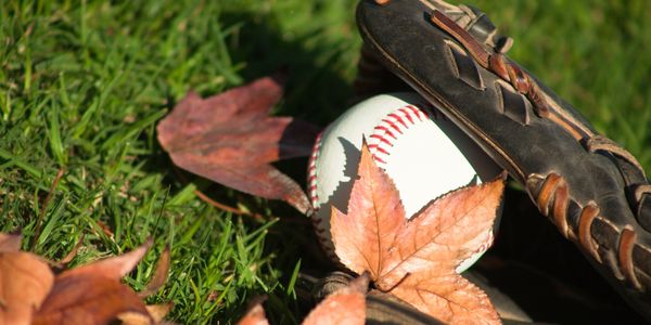 A baseball glove and ball on grass with autumn leaves around.