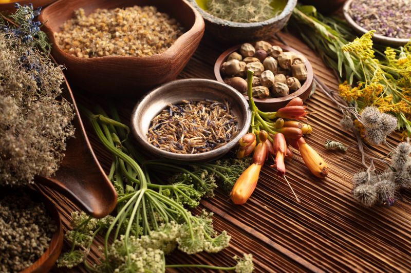 Assorted dry herbs in bowls, mortar and plants on rustic wooden table.