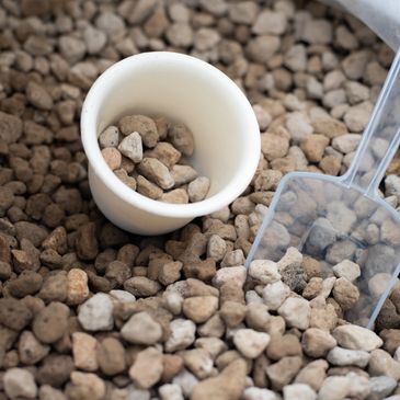 A white cup and a clear plastic scoop resting on brown pebbles.