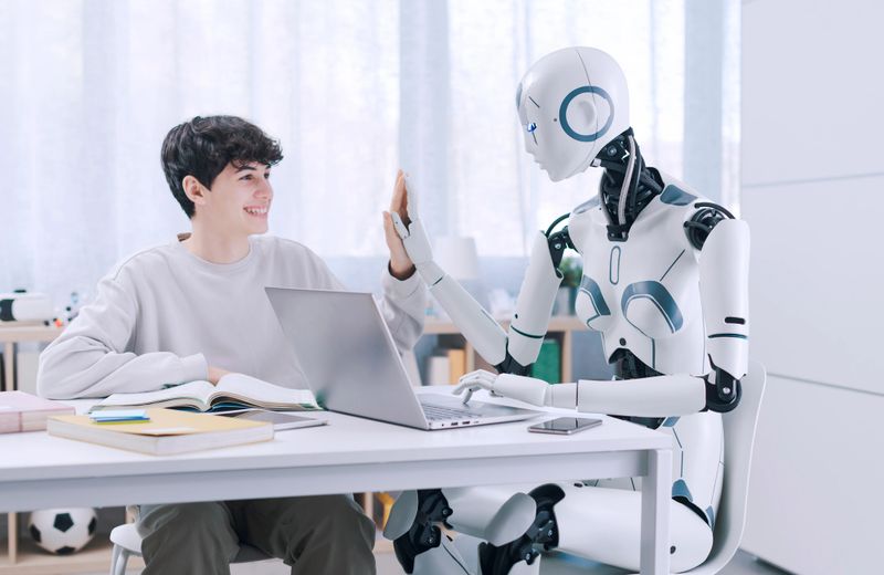 A Boy studies with the help of a Robot. The result is fruitful. Robot and Human Collaboration Concept.