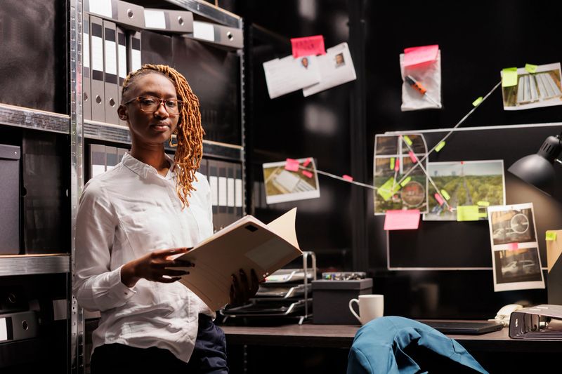 Confident police detective holding crime case file portrait. African american woman law enforcement professional studying investigation documentation, analyzing clues and looking at camera