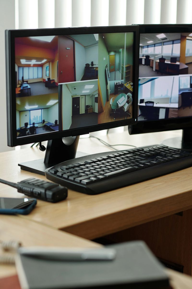 Monitors with footage from security cameras installed in company or bank office