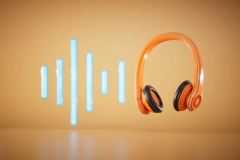 the concept of listening to music. orange headphones and an audio track on a pastel background. 3D render.