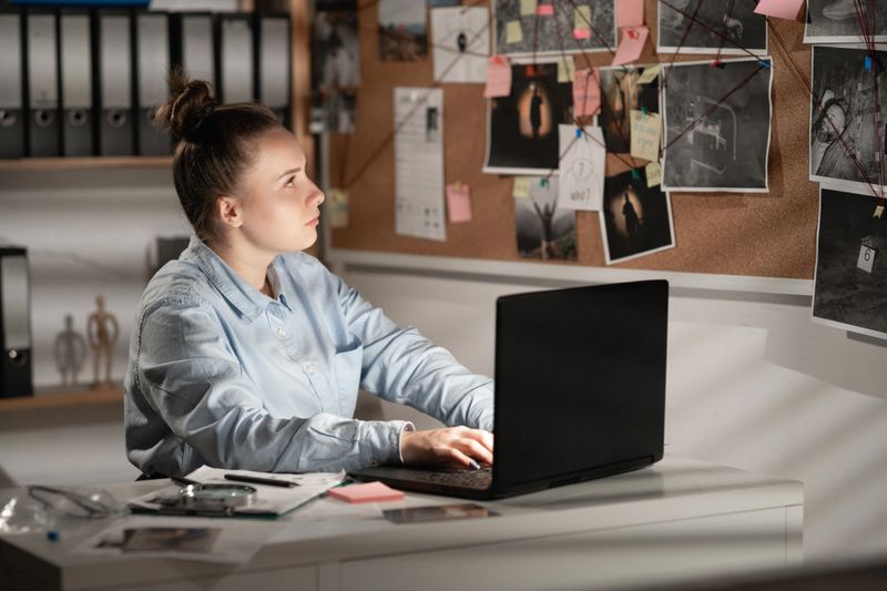 Private detective with laptop at work office, copy space