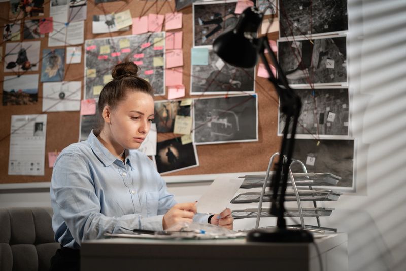 Female Detective working in her office, processing evidence. Copy space