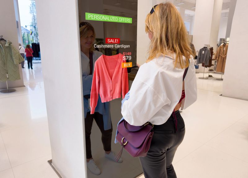 Woman viewing advanced mirror display in retail store showing personalized offers to customers