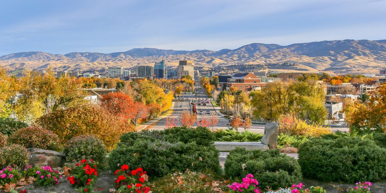 Cityscape with colorful autumn trees and distant mountains under a clear sky.